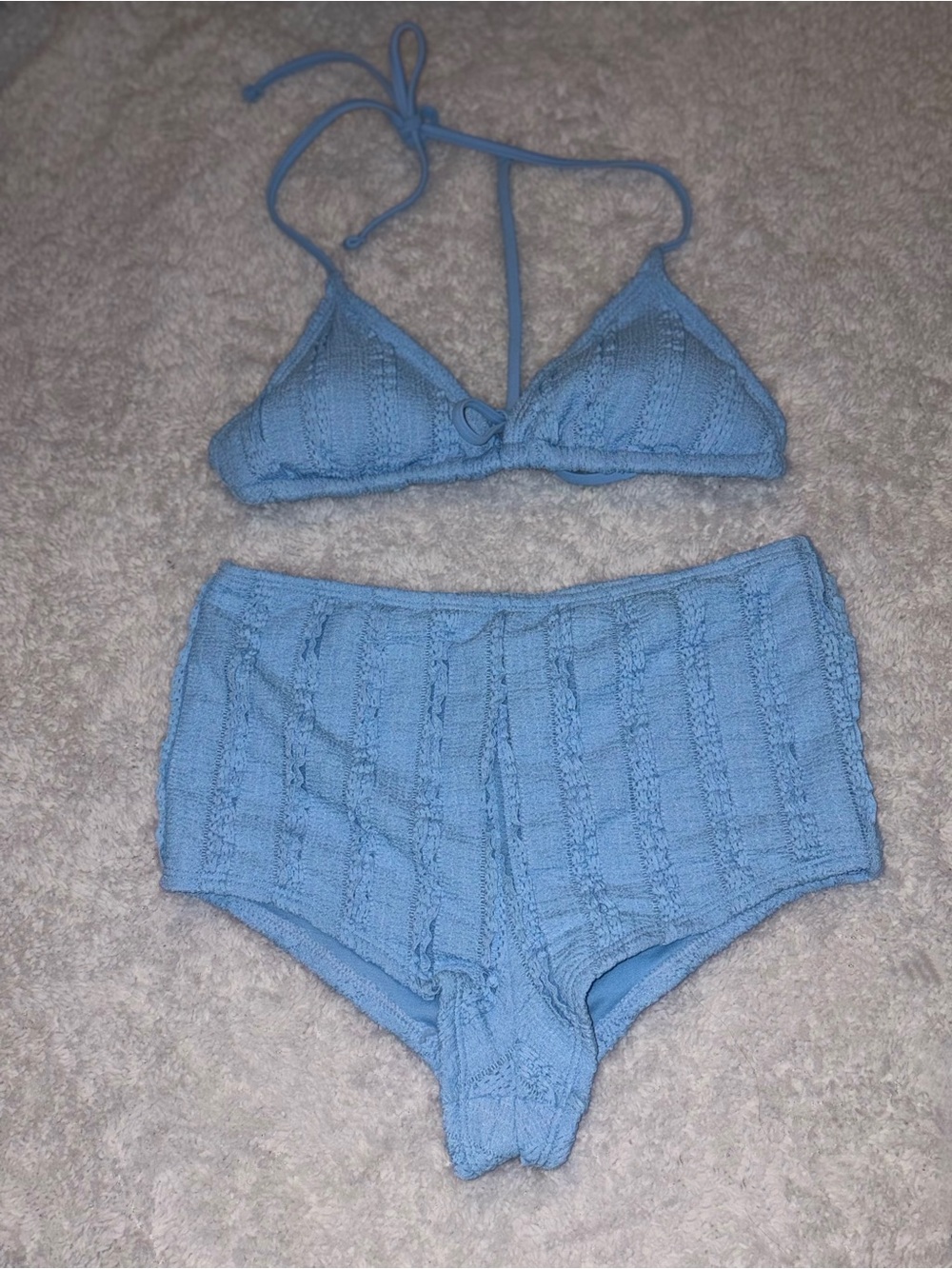 Women’s Light Blue Knit Triangle Bikini Top and High-Waist Shorts Set